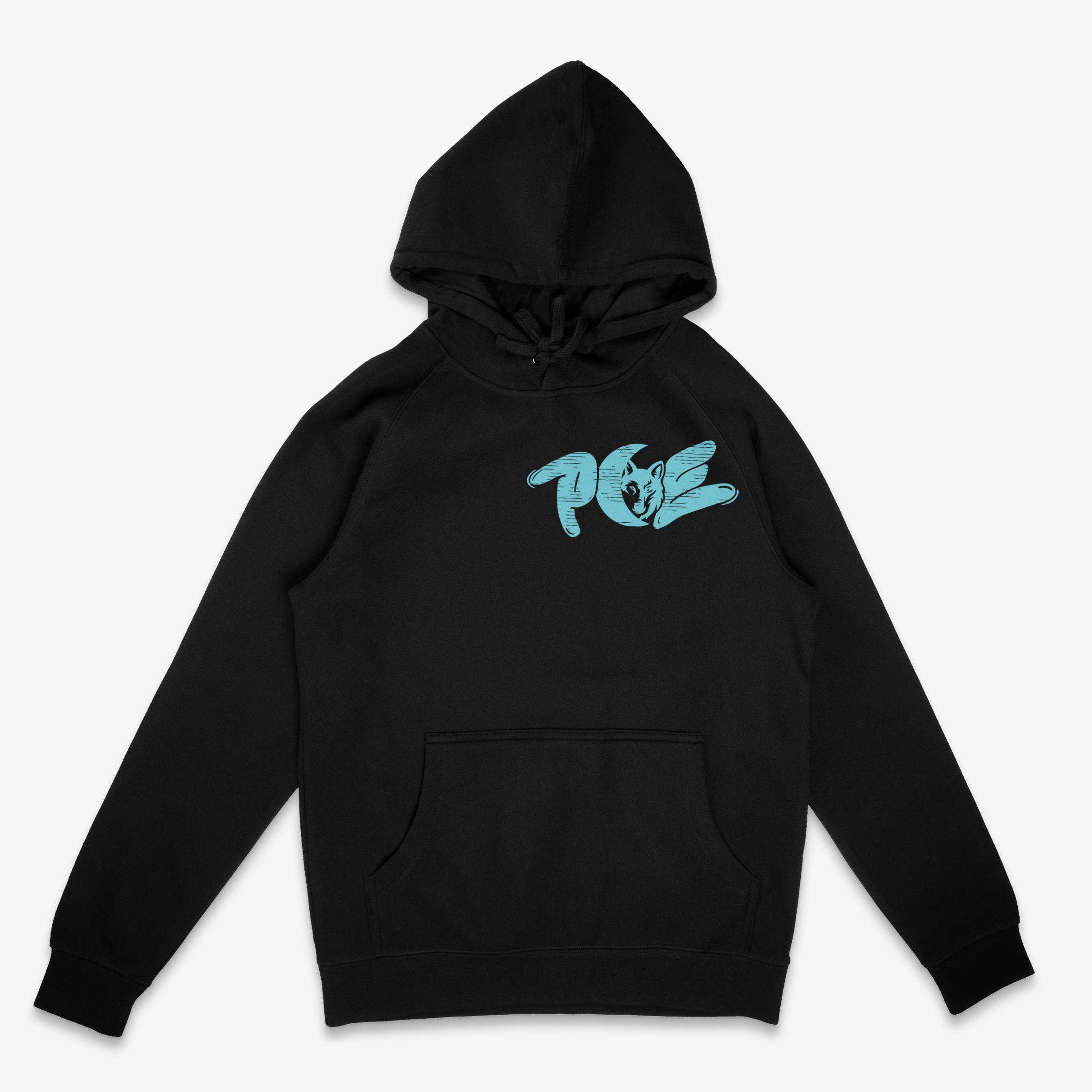 pce hoodie with light blue front and back logo