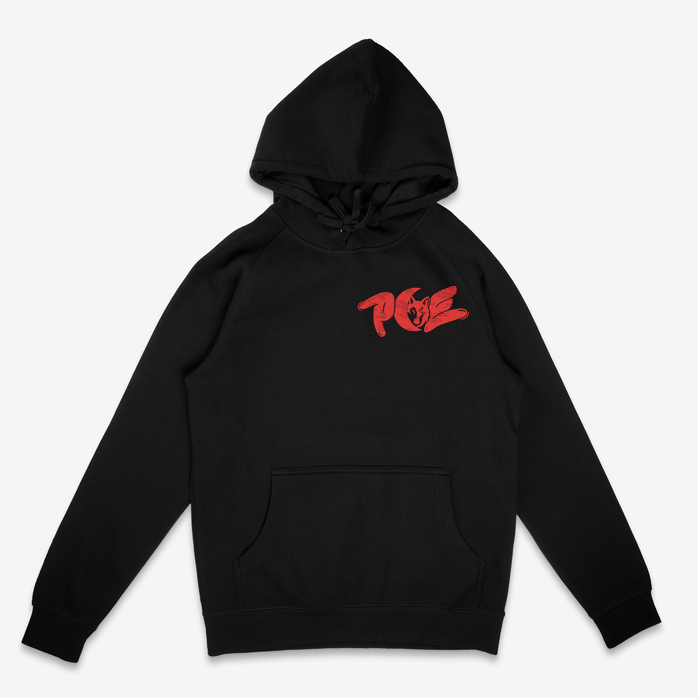 PCE hoodies with red front and back logos