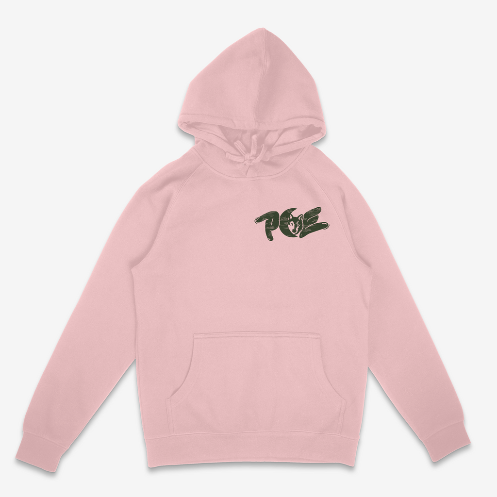 limited edtion pink pce hoodie with olive green front and back logo