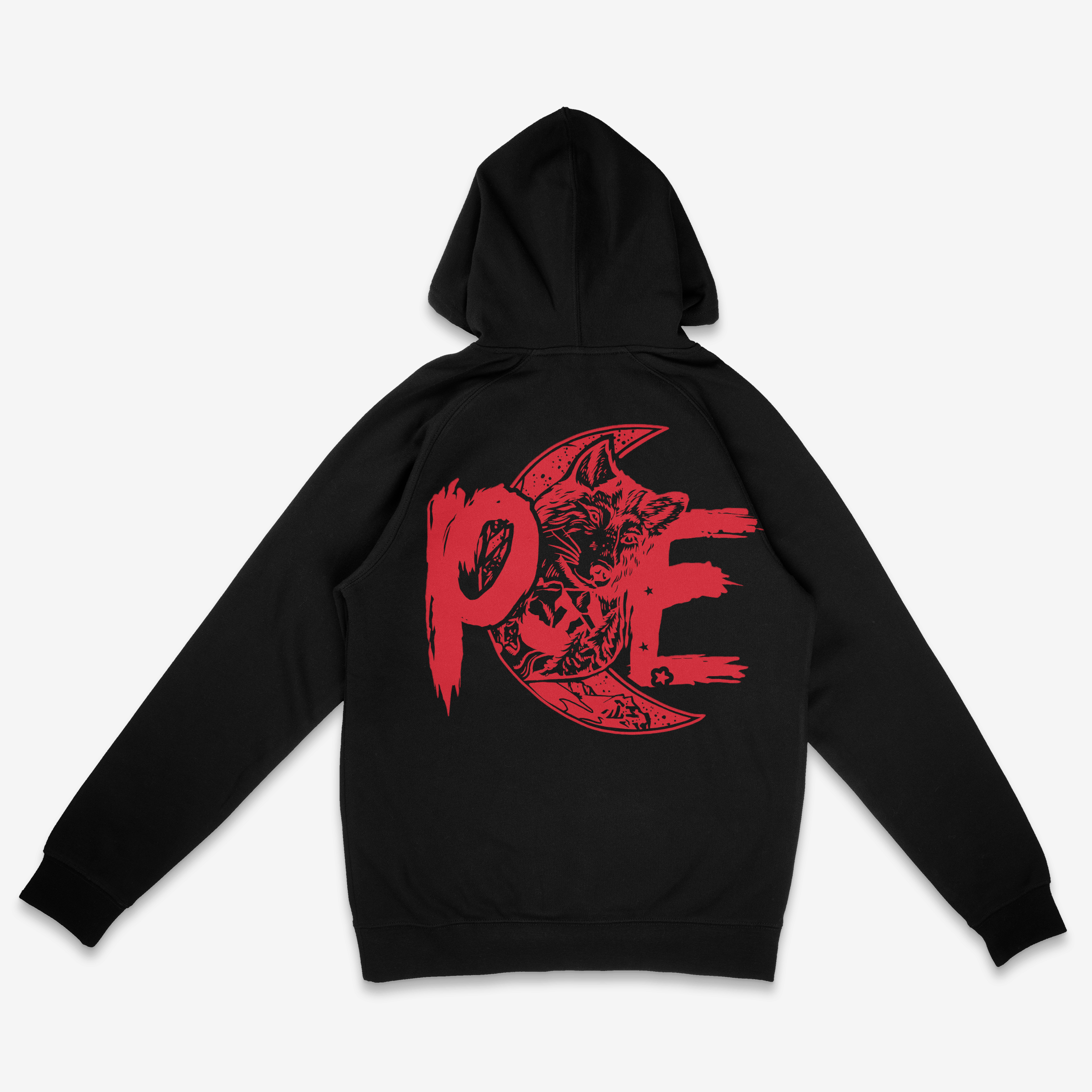 PCE hoodies with red front and back logos