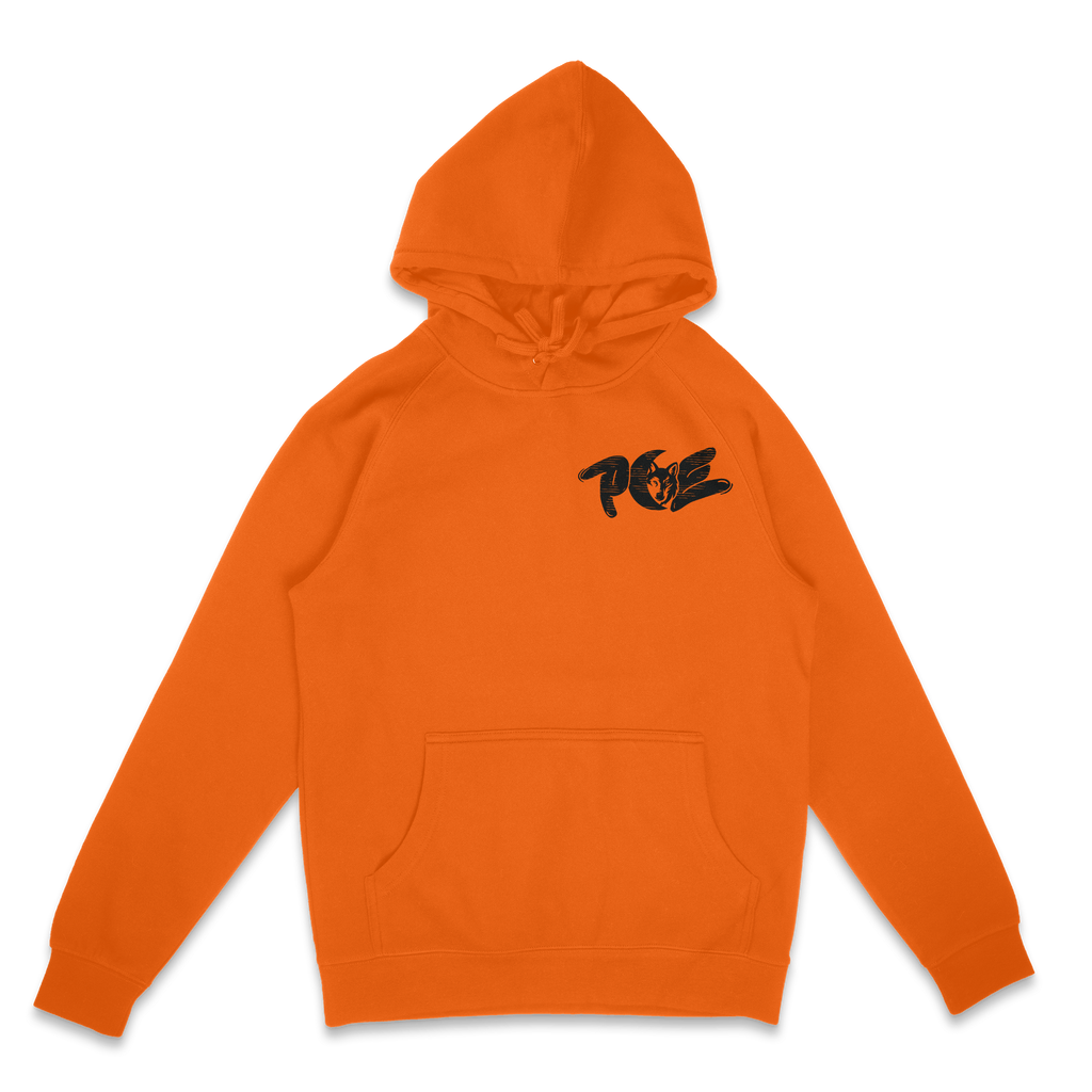 orange pce hoodie w black logos