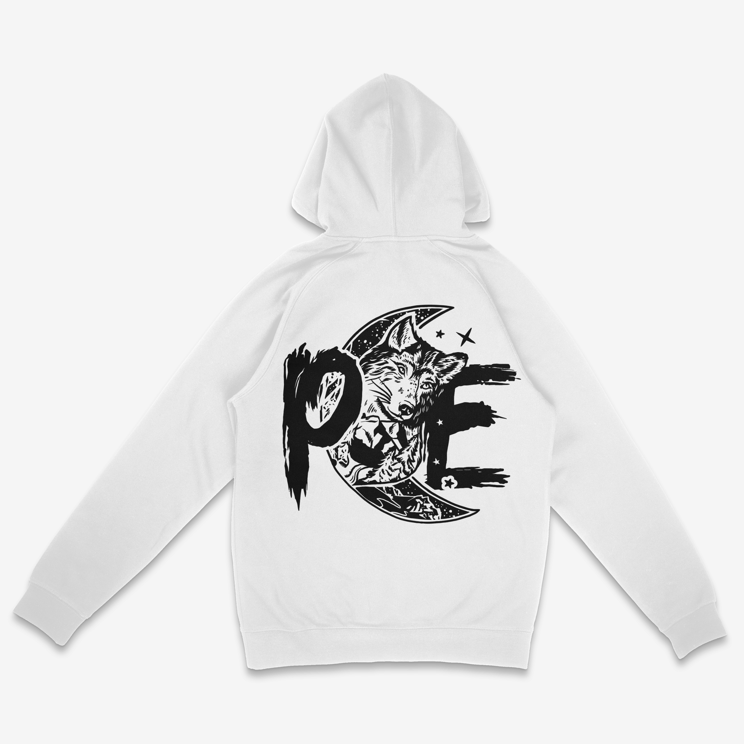 white pce hoodie w black logos