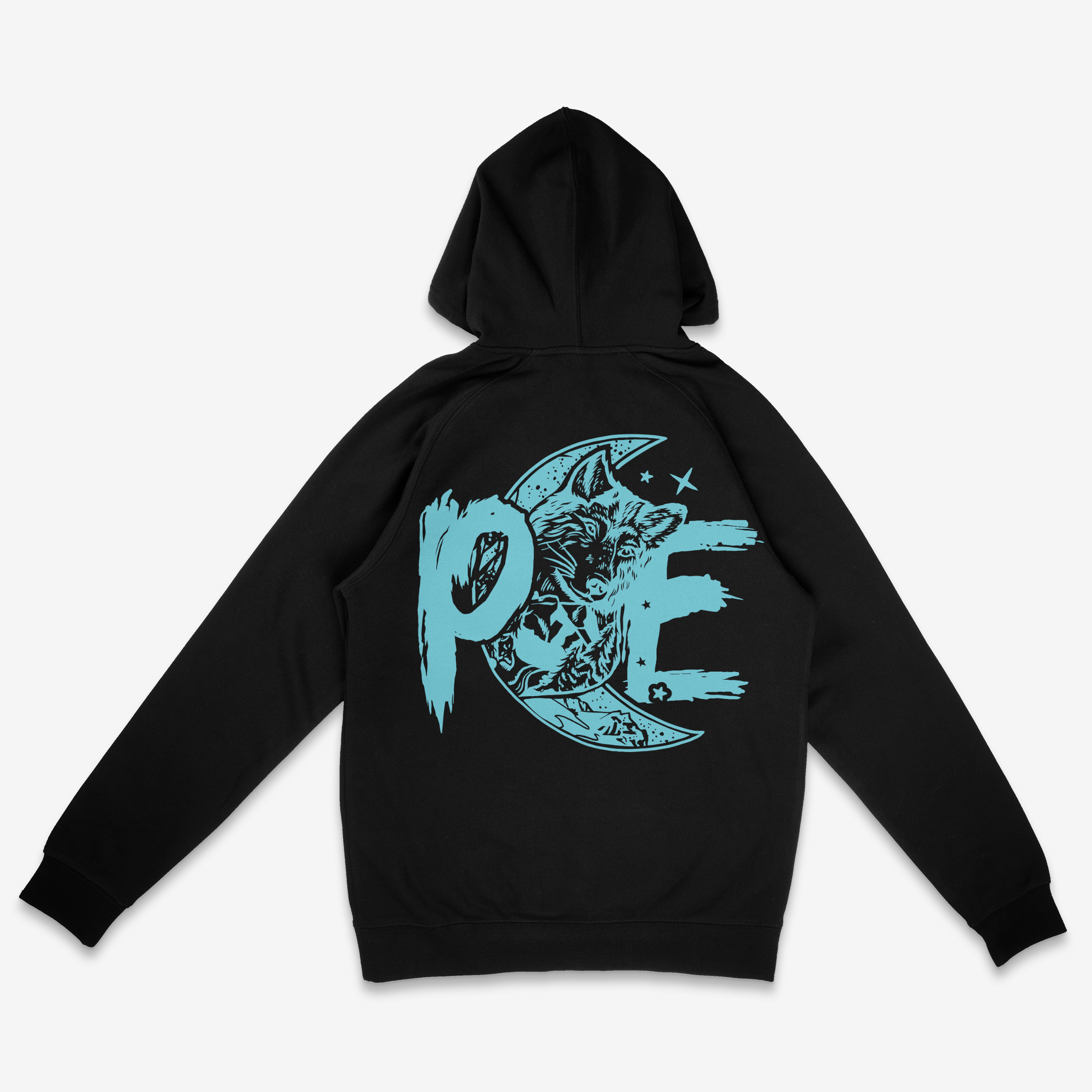 pce hoodie with light blue front and back logo